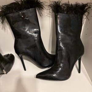 Fashion Nova Glossy Black Feathered Heeled Boots
